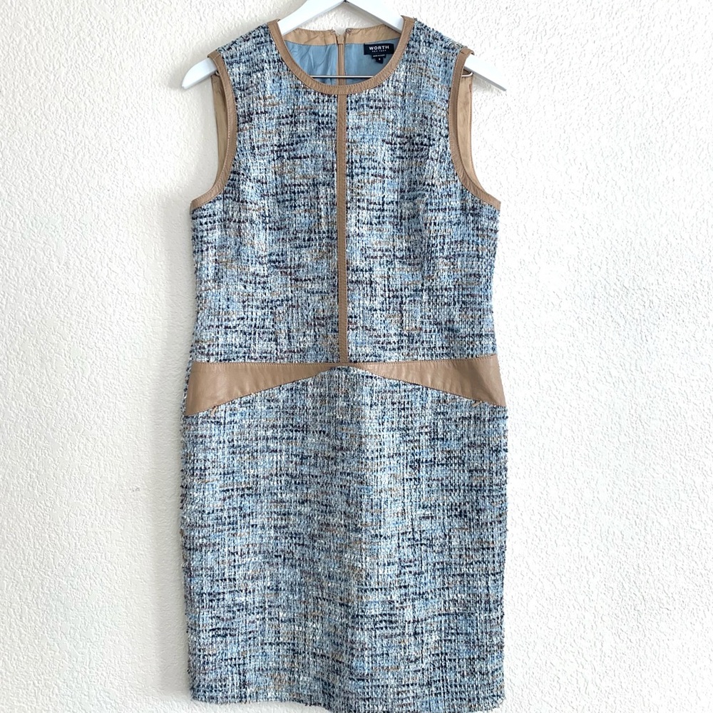 Worth Blue Tweed Leather Trim Sheath Dress
